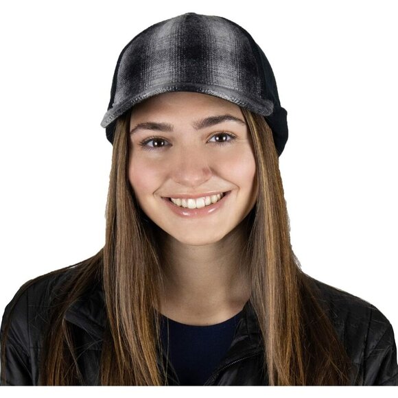 〽️Women’s Grey Plaid Winter Ponytail Trucker Hat with Drop-Down Ear Warmers
